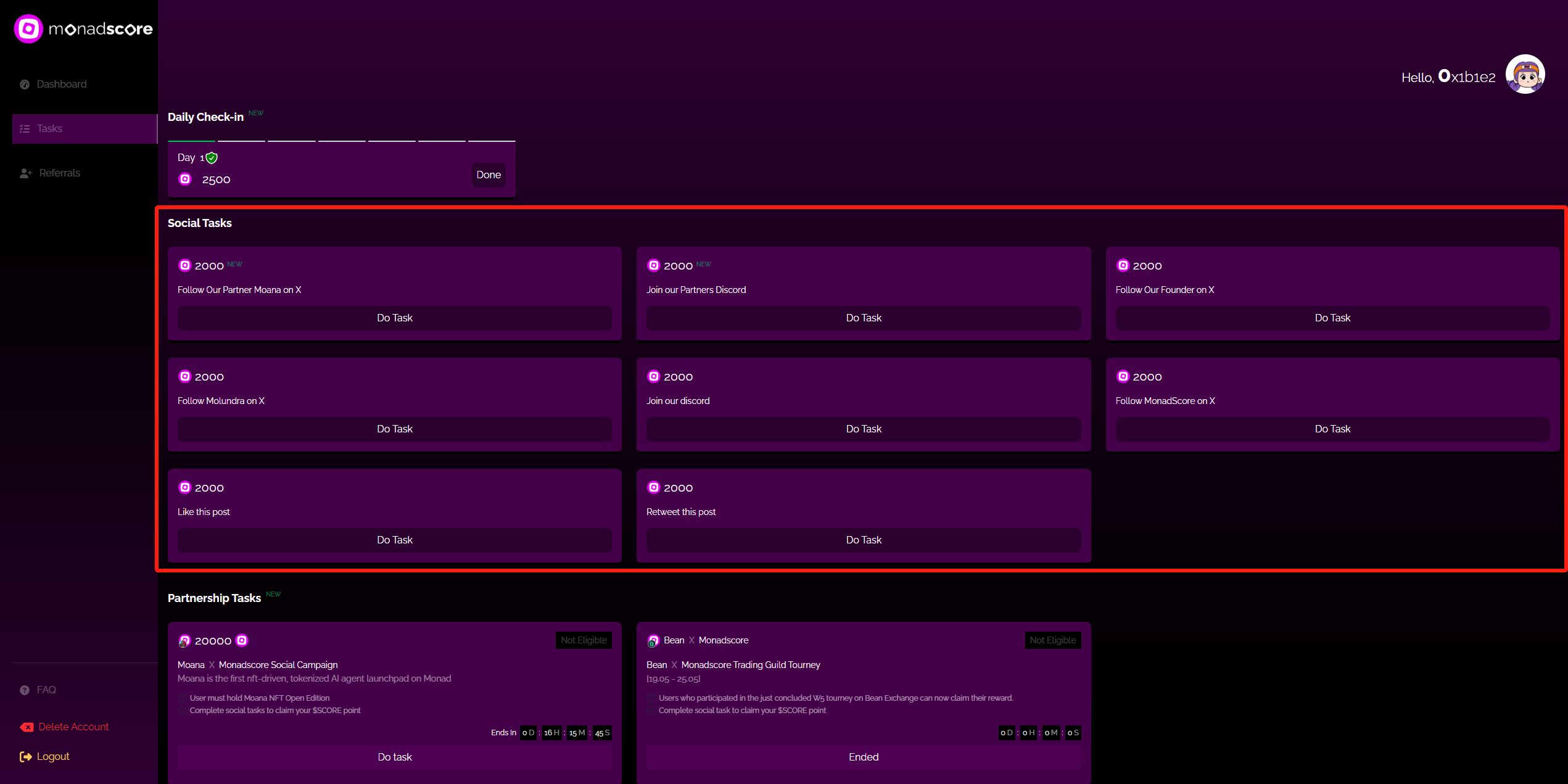 猴嘻空投工具 · Monadscore 社交任务